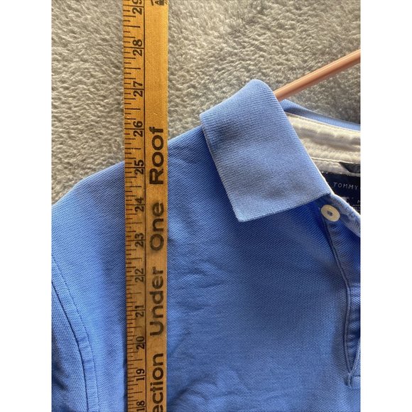 TOMMY HILFIGER Men M Solid Blue POLO SHIRT 1/4 Button Collared Logo Breathable - Picture 4 of 5